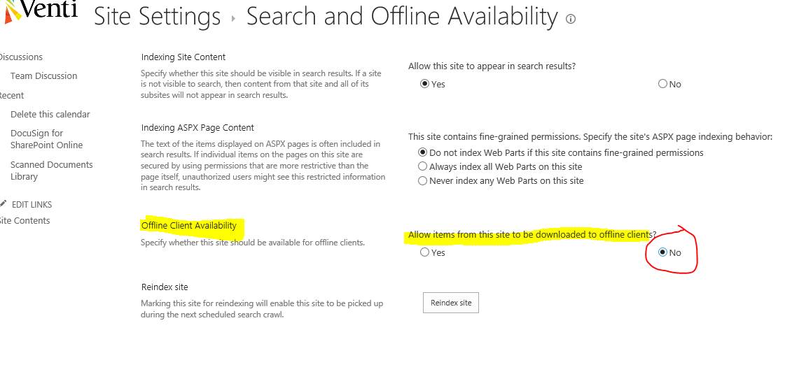 Offline client availability in Office 365 settings