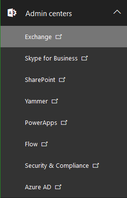 Office portal sidebar menu select ''Exchange'' under Admin Centers section