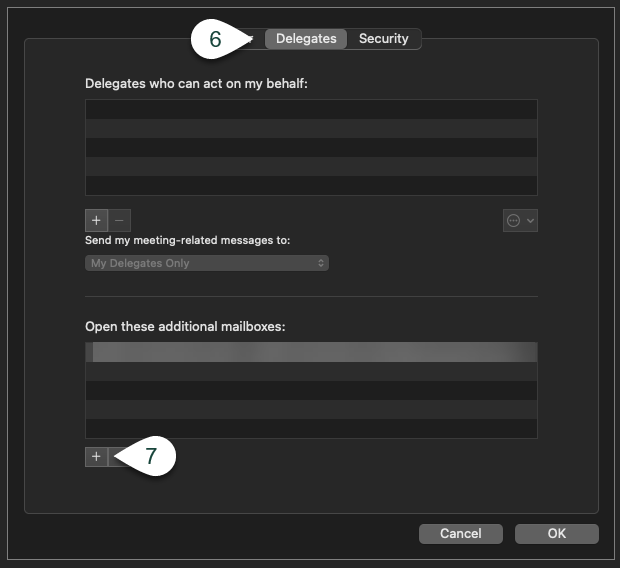 Delegates section in the Outlook app for Mac