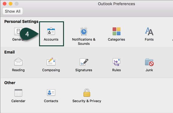 Accounts option in personal settings in Outlook preferences in the application for Mac