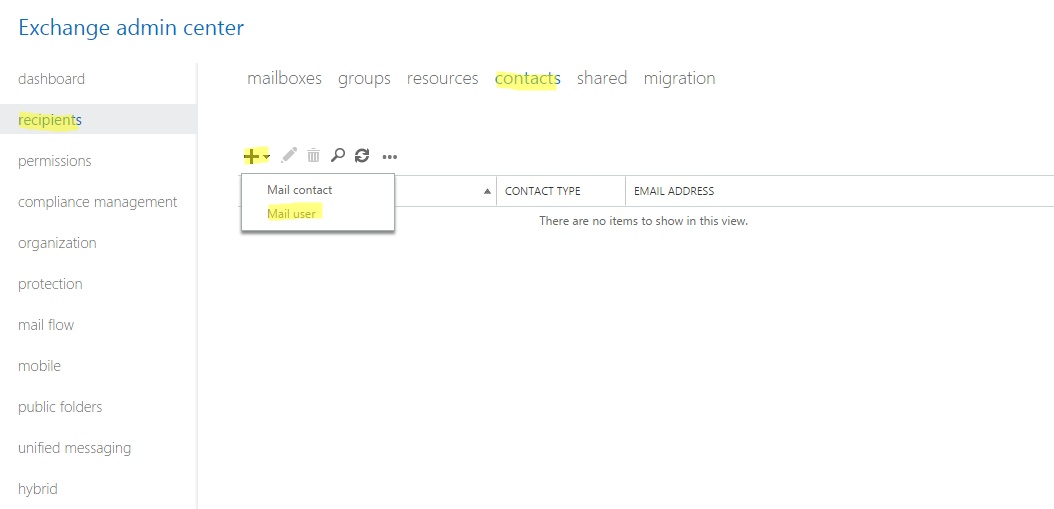 Exchange admin center recipients menu to forward an Office 365 email address to an external address without mailbox