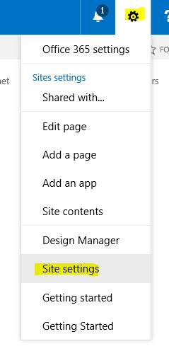 Office 365 settings ''site settings'' option in drop-down menu
